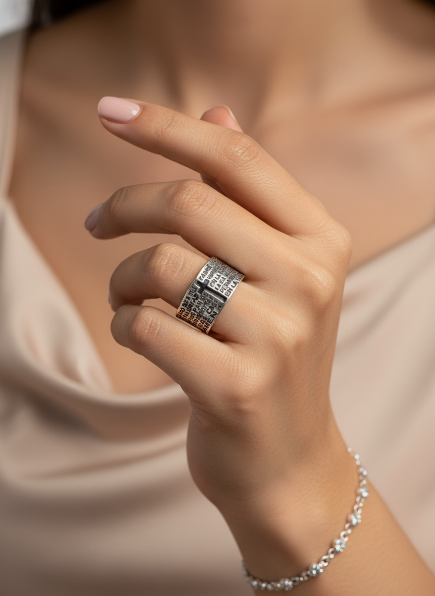 Anillo Plata de Ley Padre Nuestro en mano de mujer