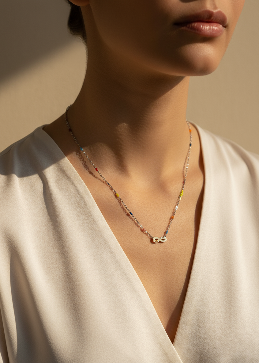 Collar Infinito Oro en modelo profesional