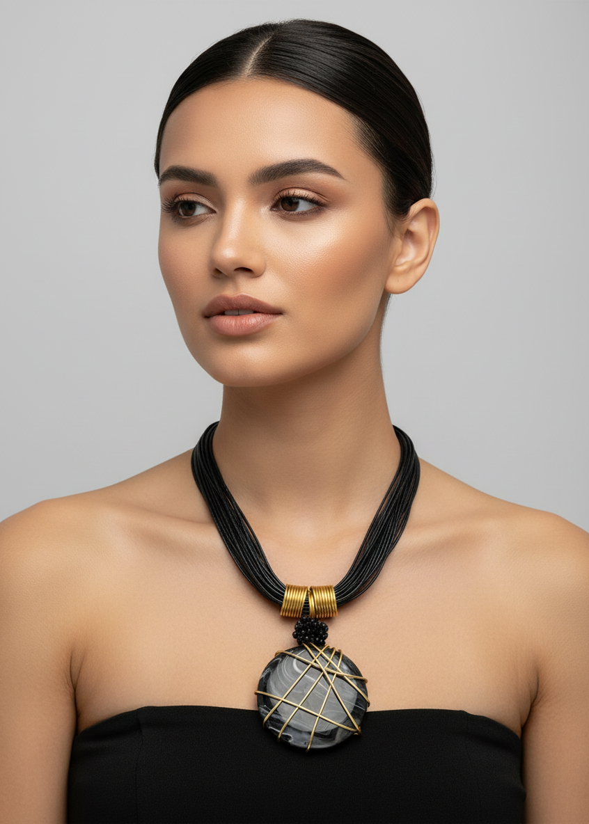 Collar negro con pendiente dorado en modelo