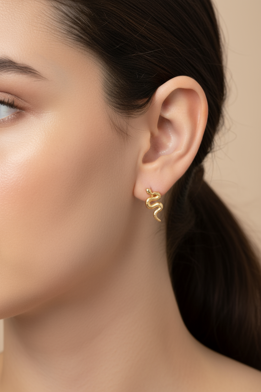 Pendientes de serpiente dorada en modelo profesional