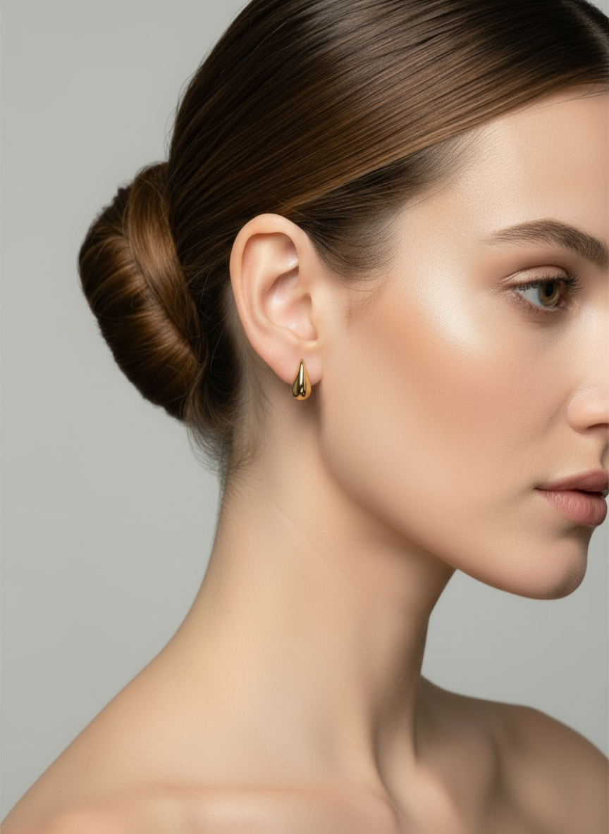 Pendientes gota dorada pequeños en modelo